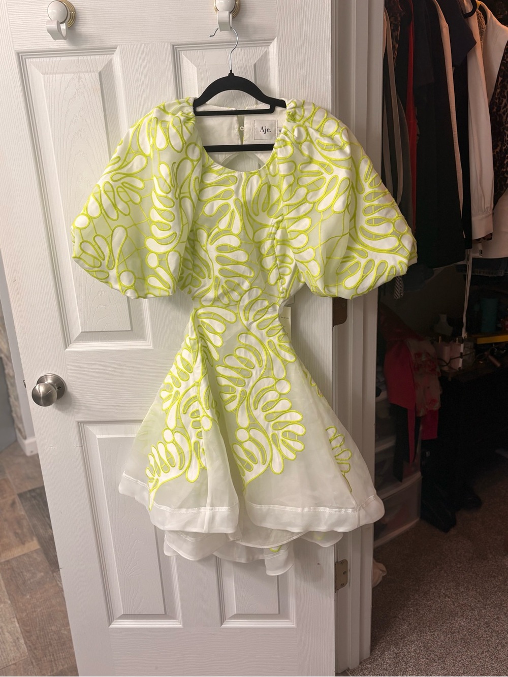 Aje White Dress with Neon Yellow Embroidery and Puff Sleeves